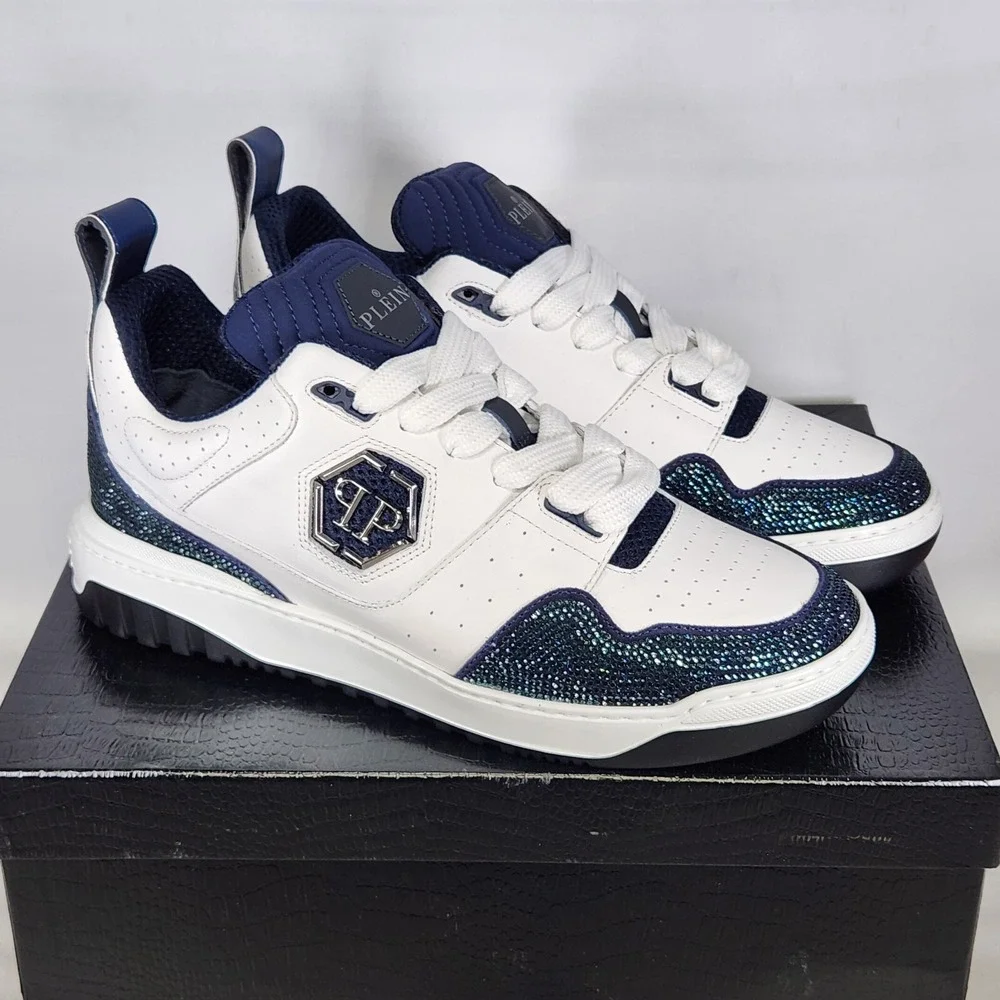Philipp Plein Mix Leather Lo-Top Sneakers Mens Size 9 White Dark Blue Crystal
